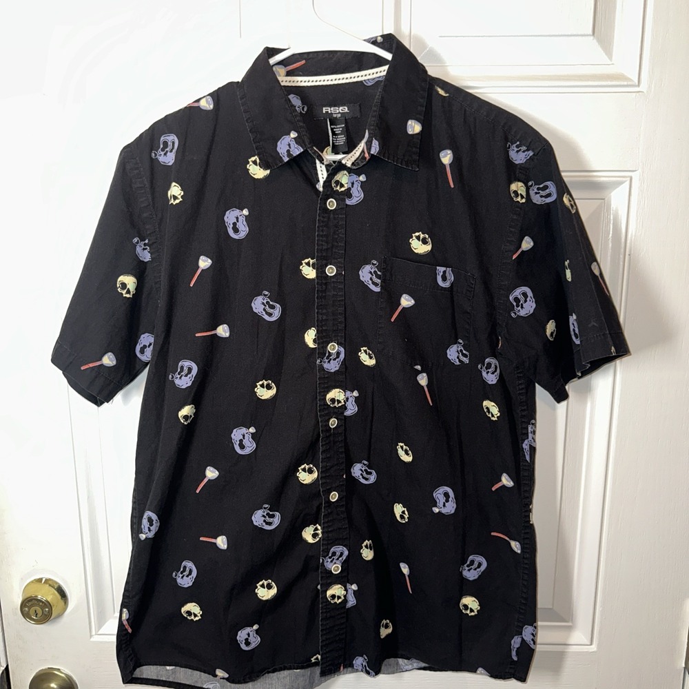 RSQ Mens Large Golf Skull Print Button Up Shirt Black Short Sleeve Novelty